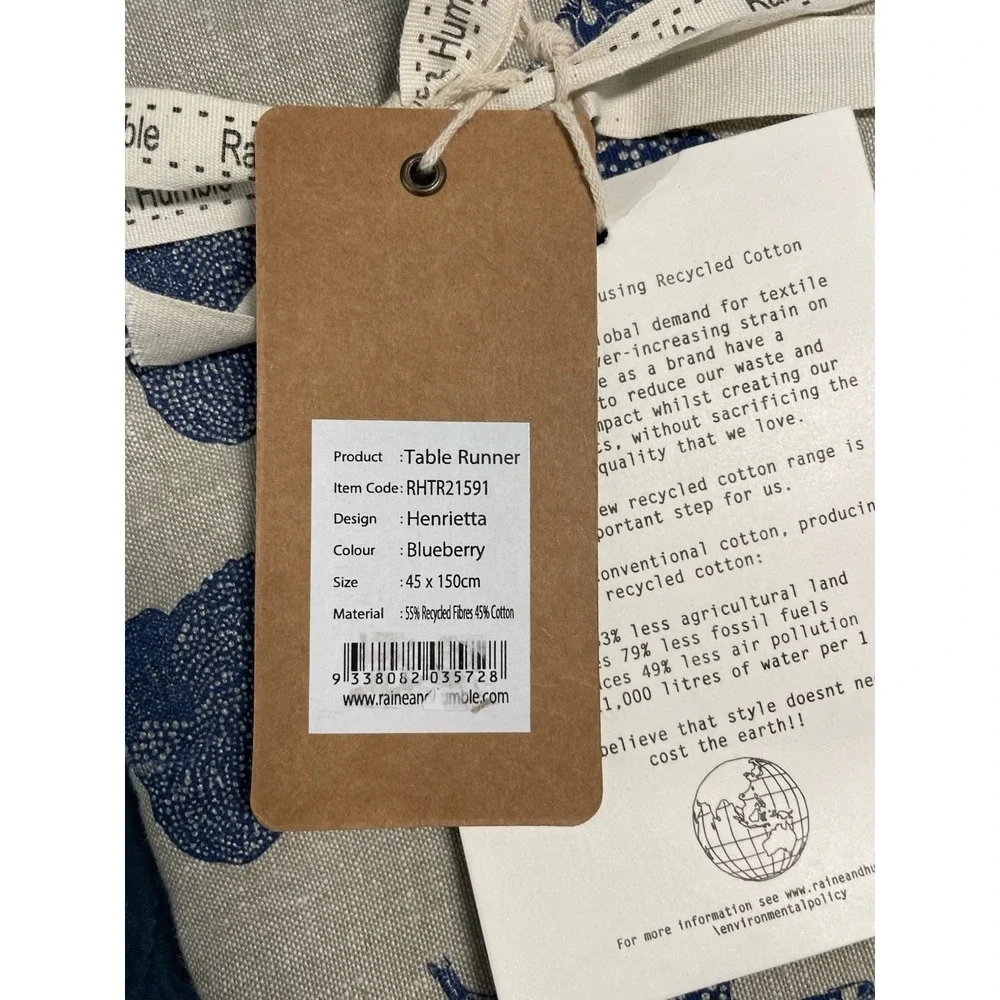 Raine And Humble HENRIETTA TABLE RUNNER BLUEBERRY Double Sided 45x150‎ CM